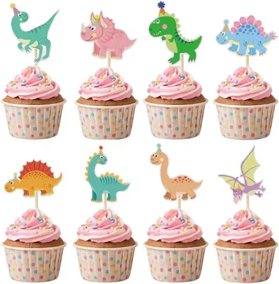 Immagine prodotto di Decorazioni a tema dinosauro per torte - Set da 32 pezzi - Decorazioni per feste di compleanno per bambini - Festa di compleanno a tema dinosauri - Cartone animato - Topper per cupcakes