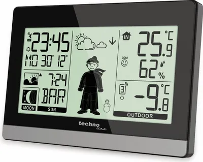 A digital weather station displaying time, date, temperature, humidity, and weather forecast icons.