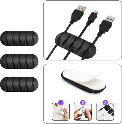 Produktbild von Kabel Organizer Kabelmanager 5-fach Kabelhalter Klemme Clip selbstklebend Schreibtisch Büro Farbe: Schwarz Menge: 3 Stück