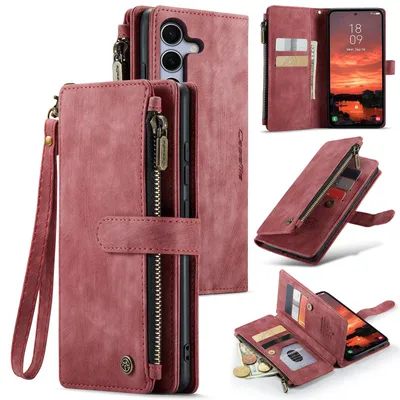 Obrázek produktu pro Pro Samsung Galaxy S25 Plus 5G CaseMe Syntetická kůže Multifunkční peněženkové pouzdro na zip Red