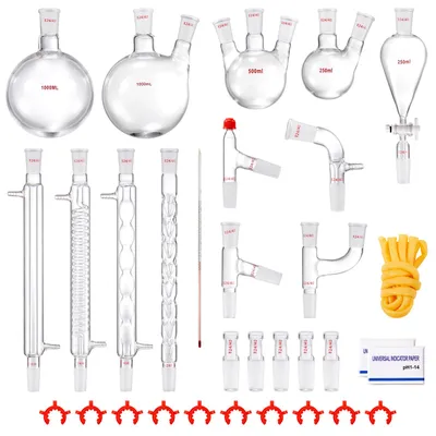 Produktbild von SucceBuy Labor-Destillationsset, 3,3-Boro-Laborglas-Destillationsset mit 24- und 40-Verbindungen, 1000-ml-Destillationsgeräte-Set für Ätherische Öle, 32-teiliges Glaswaren-Set