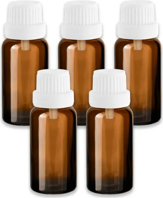 Produktbild von 5x Braunglasflasche 20 ml mit weißem Tropfer Tropfeinsatz leer 18 mm