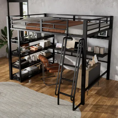 Image de MODFU Lit Mezzanine Double 140x200 cm - Avec Nombreux Rangements et Étagères - Sans Matelas - Noir