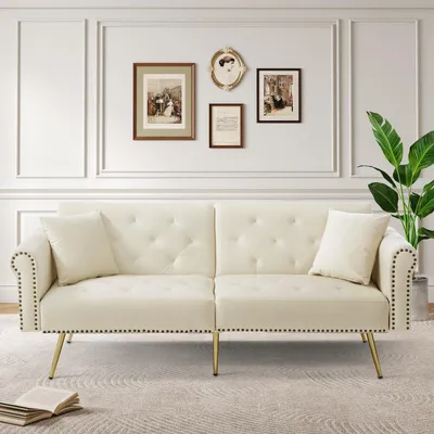 Produktbild von Fortuna Lai Modernes 2-Sitzer-Schlafsofa – Samtbezug, Rückenlehne mit 3-stufiger Verstellung & vergoldete Metallfüße Stilvolles Sofa mit Schlaffunktion – platzsparend, belastbar, ideal für kleine Räume