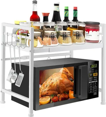 Immagine prodotto di Ripiano per microonde, da 40 a 63 cm, con 2 livelli, estensibile, 10 ganci in acciaio inossidabile, colore bianco, per cucina