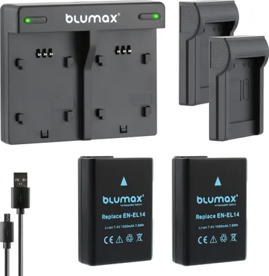 Produktbild von 2x Akku + Lader für Nikon EN-EL14 D3300  D5300 D5500 D5600  P7800 1050 mAh