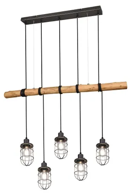 Hängelampe 5-flammig, Metall nikkel antik, Holz, 100 cm