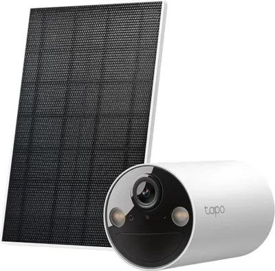 A white security camera and a solar panel are shown against a white background.