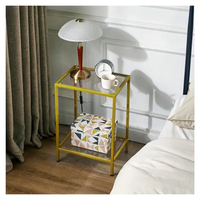 Produktbild von Beistelltisch, quadratischer Couchtisch, Glastisch mit Metallrahmen, aus gehärtetem Glas, transparent, für Wohnzimmer, Balkon, Büro, goldfarben