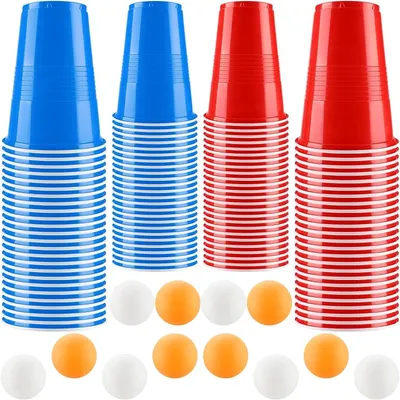 Imagen del producto de Bierpong: Set de 50 vasos de plástico de 500 ml y 12 pelotas de ping-pong. Vasos para Bierpong. Juegos de beber