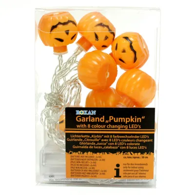 A product package containing a string of Halloween pumpkin-shaped LED lights.
