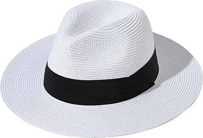 Produktbild von ASKSA Panama Hut Damen Sommer Fedora Strohhut Rollbar UV Sonnenhut, Weiß