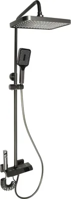 A modern gray shower system with a rain showerhead and a handheld shower.