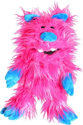 A pink and blue furry monster puppet against a white background.