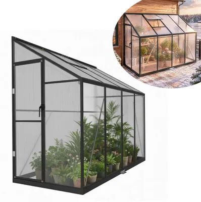 Productafbeelding van XINZI Tuinkas, leunend model, 245x110x195 cm, wandtuinkas, tuinkas met stalen hoekprofielen, 1 dakraam, 4 mm polycarbonaat honingraatplaten