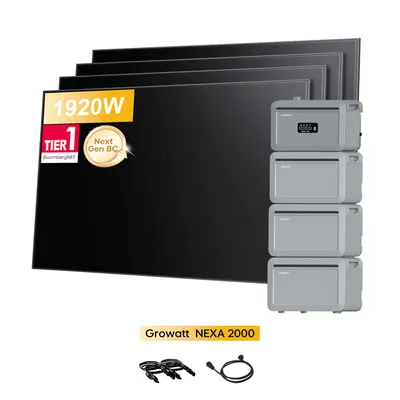 Produktbild von Powerness Balkonkraftwerk mit Speicher, Growatt NEXA 2000 Speicher mit 3x NEXA 2000E Erweiterungsakku & 4x Sunpro BC Bifaziale Full Black Solarmod