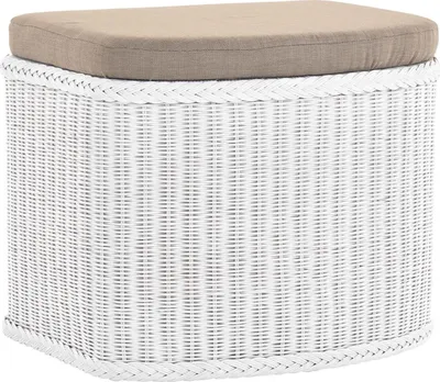 Produktbild von KRINES HOME  Rattan Wäschekorb Wäschetruhe in der Farbe Weiss mit gepolsterten Sitz Großer heller Wäschesammler/Sitztruhe Natur-Rattan Badhocker/Sitzhocker