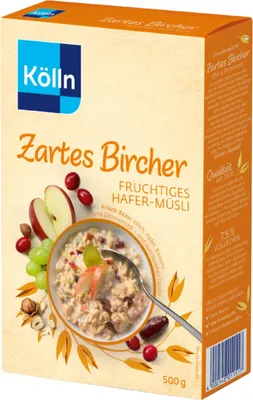 A box of Kölln Zartes Bircher Fruchtiges Hafer-Müsli.