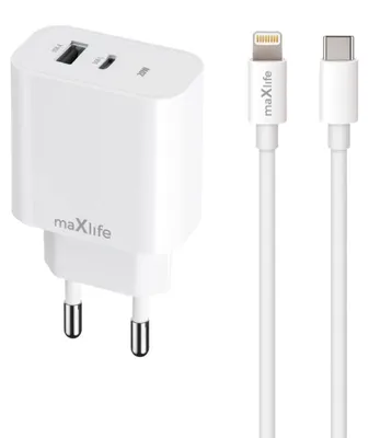 Zdjęcie produktu dla Maxlife Ładowarka Sieciowa Pd Qc Mxtc-06-20Ac 1X Usb-C 1X Usb 20W Biała + Kabel Usb-C - Lightning 20W
