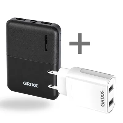 Produktbild von Grixx Powerbank 5.000 mAh mit Ladegerät 12 W und zwei USB-A-Anschlüssen