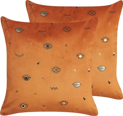 Zdjęcie produktu dla BELIANI Zestaw 2 poduszek pomarańczowy welurowy 45 x 45 cm motyw oka dodatek akcesorium w stylu glamour