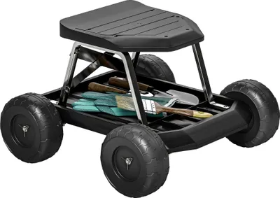 Image de Tabouret de jardin à roulettes - Siège de jardin roulant - Rangement pour outils, compartiment de rangement, pour l'extérieur - Noir