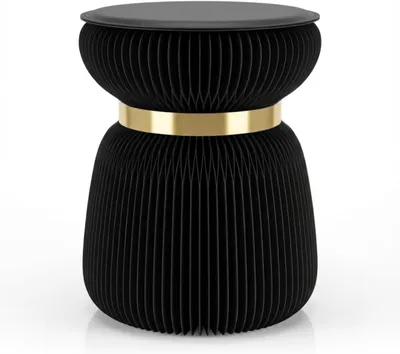 Produktbild von Papierhocker Klapphocker faltbar aus Papier Ø 36x42cm Klappstuhl Hocker klappbar Beistelltisch rund Barhocker Tritthocker Klavierhocker Schwarz Gold