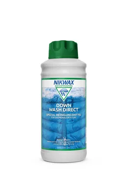 A bottle of Nikwax Down Wash Direct cleaning product.