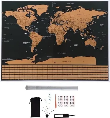 Image de Grande carte du monde à gratter avec drapeaux 82 × 59 cm + accessoires