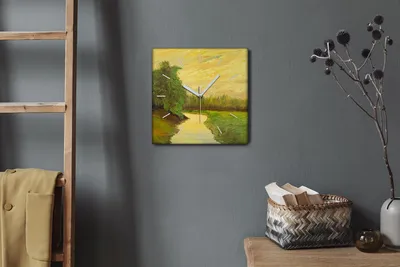 Produktbild von Coloray Hodiny Unikátní 30x30 cm  Tiché hodiny Pro obývací pokoj a kuchyň Nástěnné hodiny Plátno Bílé ručičky hodin - Malování přírody řeky