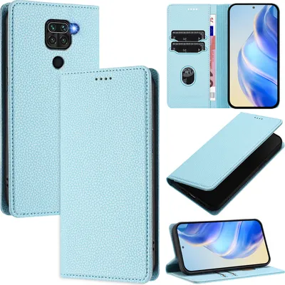 Produktbild von Litchi Leder Handyhülle für Xiaomi Redmi Note 9 Wallet Kartenfächer Standfunktion Hülle Hellblau
