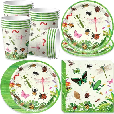 Image de Ensemble de vaisselle pour enfants, motif insectes, comprenant : 16 assiettes de 18 cm, 16 gobelets, 20 serviettes, idéal pour les fêtes d'anniversaire pour enfants