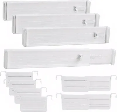Zdjęcie produktu dla 4 sztuki przegródek do szuflad - regulowany organizer - wysokość 6,4 cm - zakres regulacji 33-58,5 cm - przegródki do szuflad do sztućców i innych drobiazgów - do kuchni, sypialni, komody