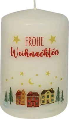 Produktbild von Weihnachtskerze "Dörfchen" mit Text Frohe Weihnachten Weiß 90 x Ø 60 mm