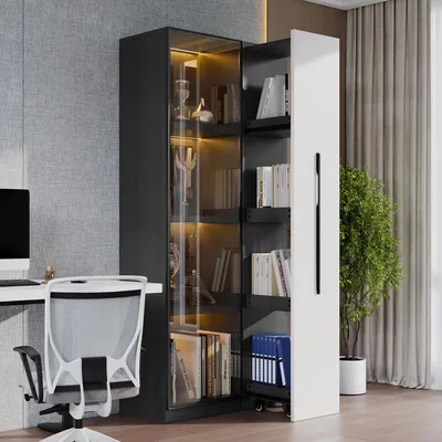 Produktbild von MODFU Multifunktionsschrank Vitrine Sammelvitrine mit integrierte LED-Lichtleiste,Hochschrank Bücherregal mit Schublade und Rollen,Schwarz und Weiß