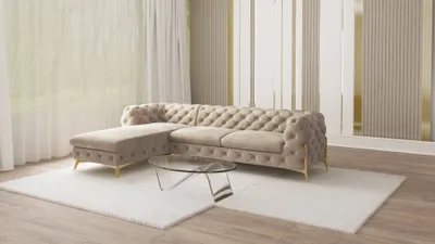 Produktbild von S-STYLE MÖBEL - Chesterfield Ecksofa mit Ottomane links Nova mit Goldene Metall Füßen aus Dunkle Creme Samtstoff, B/T/H: 305 cm/ 200 cm/ 75 cm
