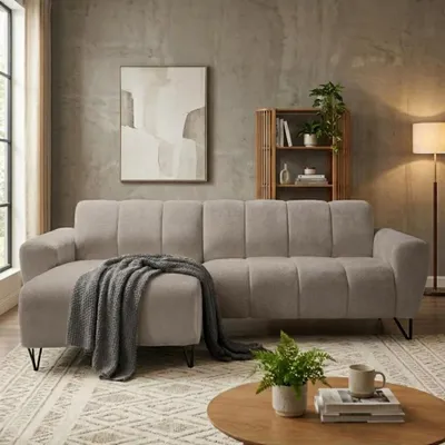 Produktbild von Ecksofa VOLARE MINI L-Form, Ottomane links, Chenille Storm in Latte, Sofa ohne Schlaffunktion, dekorative schwarze Metallbeine