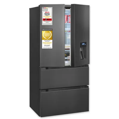 A dark gray French door refrigerator with awards and certifications on the left door, and the right door slightly ajar revealing contents inside. It has a water dispenser on the right door and two drawers at the bottom.