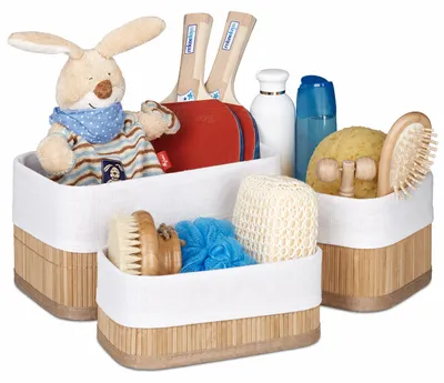 Immagine prodotto di Set di 3 cestini portaoggetti Relaxdays, rivestimento in tessuto, bambù, rettangolari, bagno, accessori, giocattoli, cestini multiuso, colore naturale, Immagine generata dall'IA