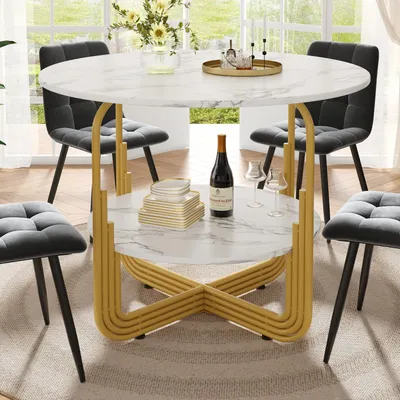 Produktbild von Sweiko Runder Esstisch (80×80×76cm), Küchen-Esstisch, runder Couchtisch für 4 Personen, kleine runde Platte in der Mitte zur Aufbewahrung, geeignet für Esszimmer, Wohnzimmer, MDF-Marmor-Tischplatte