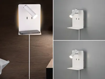 Produktbild von 2er Set LED Wandleuchten mit Schalter, Stecker, Ablage und USB Ladefunktion Weiß