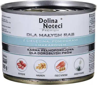 Zdjęcie produktu dla Dolina Noteci Premium z cielęciną, pomidorami i makaronem 185g, Dorosły, Mini (5 - 10 kg), XS (<4 kg), Wołowina, Kurczak, Wieprzowina, Pomidor, 185 g