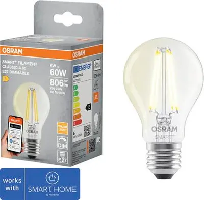 Produktbild von Osram Smart+ LED Lampe Filament dimmbar A60 E27/6W(60W) klar 806 lm 2700 K warmweiß Matter