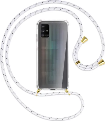 Produktbild von Handykette Backcover-Schutzhülle mit Band (Metall goldfarben) für Samsung Galaxy A71 5G - weiß/grau