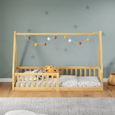 Produktbild von Hausbett NICOLAS 90 x 200 cm natur -  bodentiefes Kinderbett inkl. beidseitigem Rausfallschutz, Montessori Bett aus Massivholz