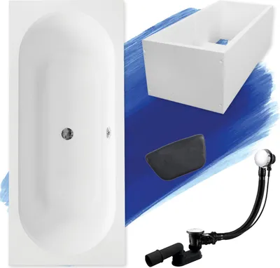 Produktbild von Badewanne Rechteck Set 5in1 180x80 mit Premium Ablaufgarnitur und Füßen GRATIS + Wannenträger + Kopfstütze in Schwarz | BADLAND VITAE