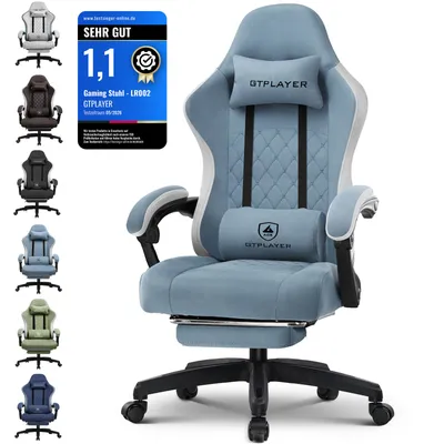 Produktbild von GTPLAYER Gaming Stuhl Ergonomischer Gaming Sessel Schreibtischstuhl PC Gamer Racing Stuhl mit Stoffoberfläche, Federsitzkissen, Verbindungsarmlehnen, mit Fußstütze bis 153 kg belastbar Hellblau
