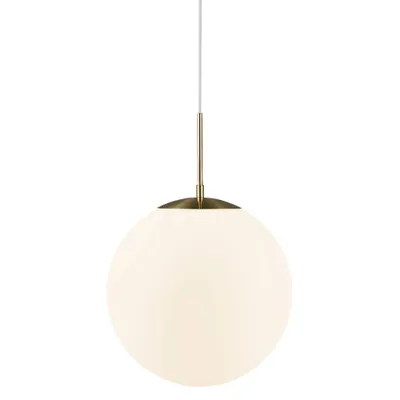 A single pendant light fixture with a white globe shade and a brass stem, suspended against a white background.