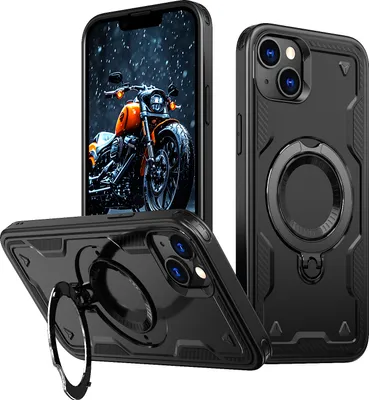 Immagine prodotto di Custodia a doppio strato per iPhone 13/iPhone 14, custodia protettiva militare magnetica con anello in metallo e supporto Nero
