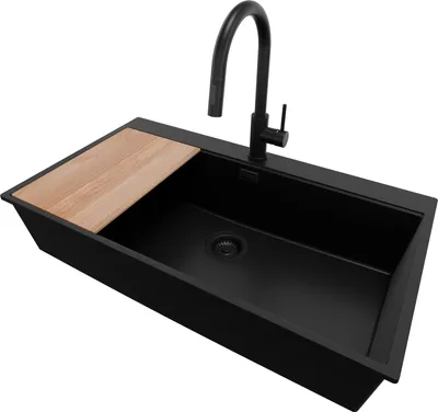 Produktbild von PRIMAGRAN Granitspüle Alles Schwarz 88x50cm, Spülbecken 1 Becken + Küchenarmatur 40x20cm + Ablauf-Set + Schneidebrett, Küchenspüle ab 90er Unterschrank - Oslo